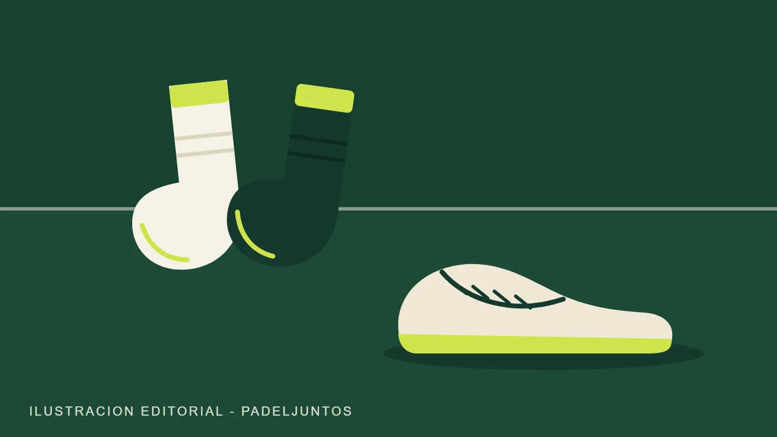 Ilustración de unos calcetines deportivos técnicos junto a una zapatilla genérica sobre una pista