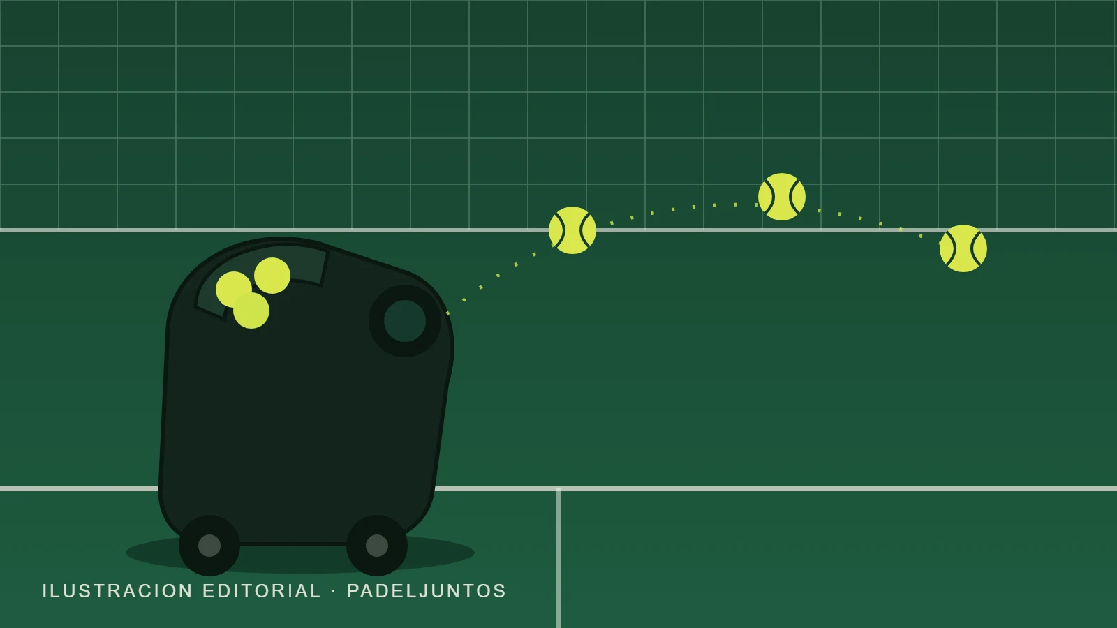 Ilustración de una máquina lanzapelotas genérica lanzando pelotas en una pista de pádel
