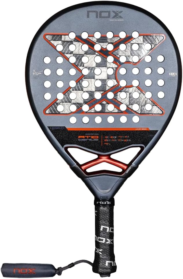 NOX AT10 Genius 18K Alum 2025 pala de pádel gris con diseño en X naranja