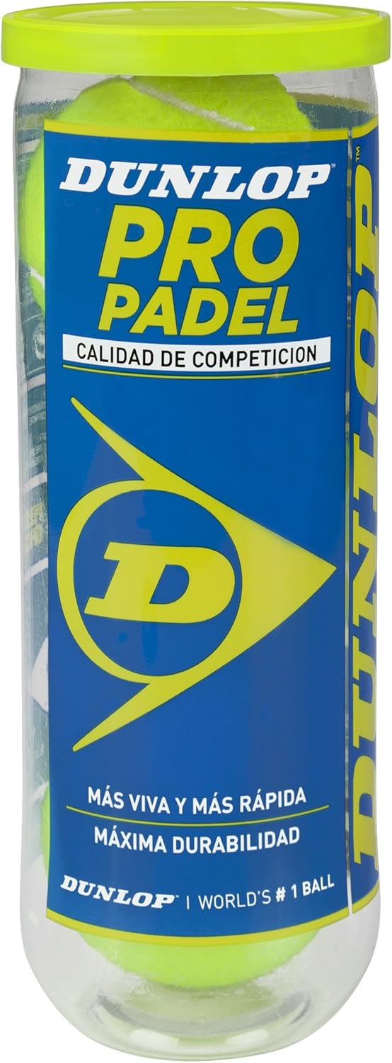 Bote Dunlop Pro Padel azul y amarillo con texto calidad de competición