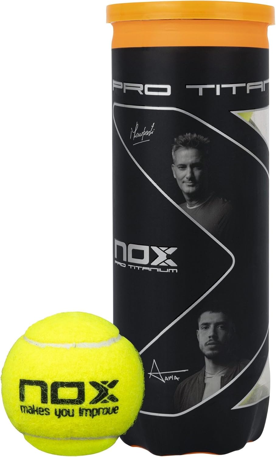 Bote NOX Pro Titanium negro naranja con pelota amarilla y logos de jugadores