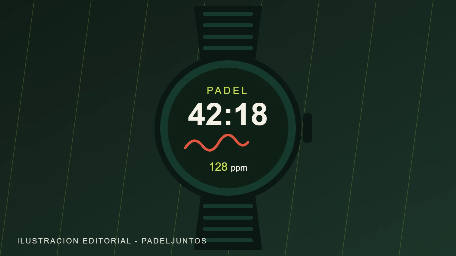 Ilustración de un reloj deportivo genérico mostrando una actividad de pádel con tiempo y pulsaciones