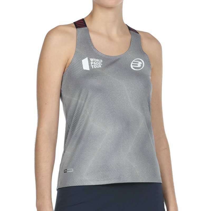 Bullpadel Revenga camiseta de tirantes mujer gris con logo World Padel Tour y tecnología Drynamic
