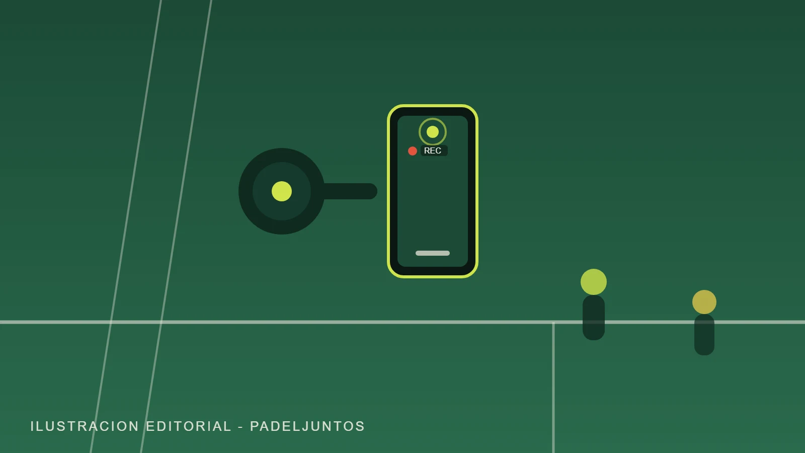 Ilustración de un móvil genérico fijado a la estructura de una pista grabando un partido de pádel